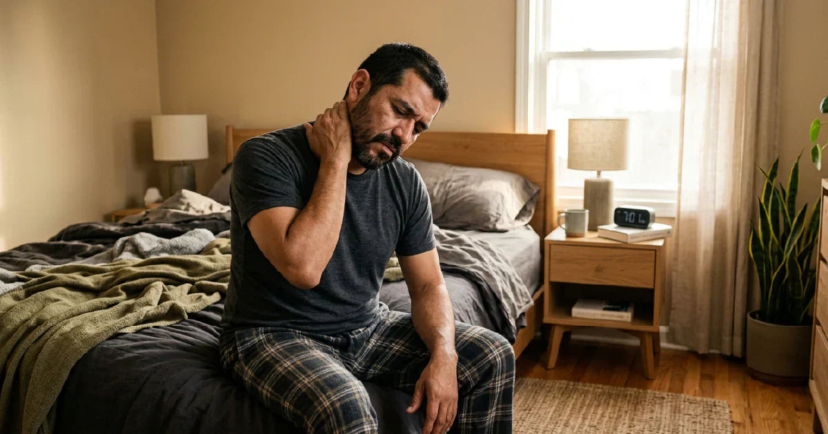 Hombre mexicano con dolor de cuello sentado en la cama por la mañana
