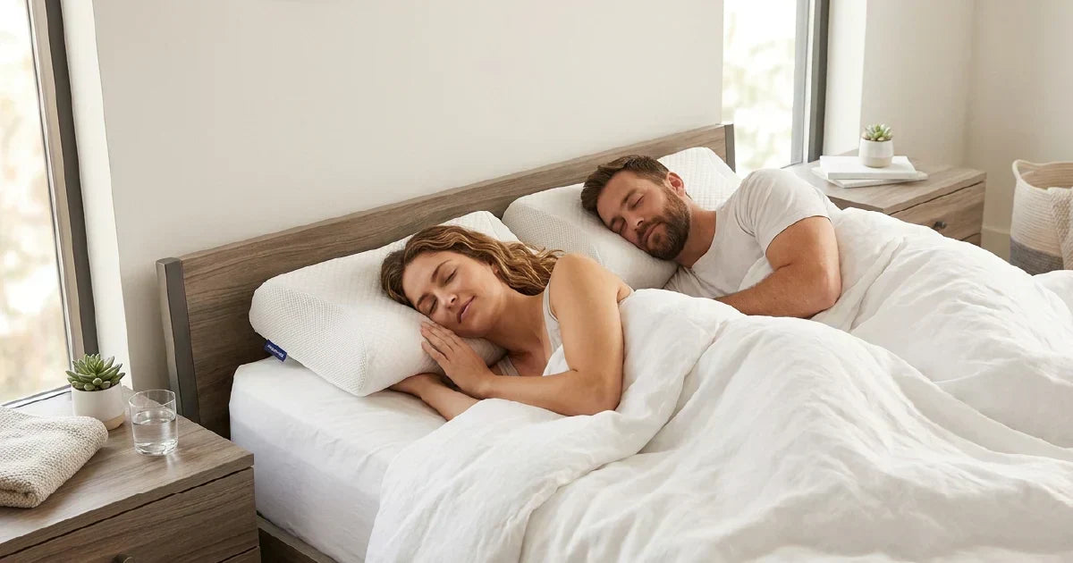Pareja durmiendo comodamente con almohadas ergonomicas en dormitorio moderno