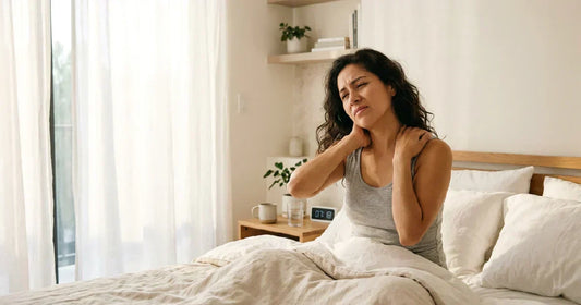 Mujer despertando con dolor de cuello en dormitorio moderno