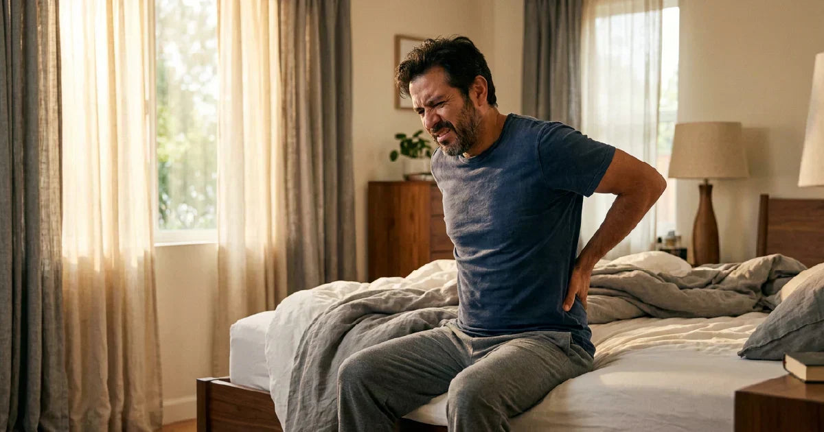 Hombre mexicano despertando con dolor de espalda sentado en el borde de la cama