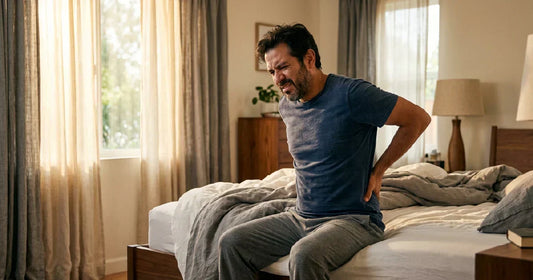 Hombre mexicano despertando con dolor de espalda sentado en el borde de la cama