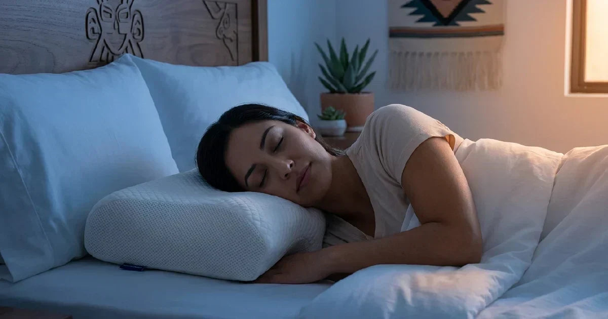 Mujer durmiendo de lado con almohada cervical sin dolor en dormitorio moderno